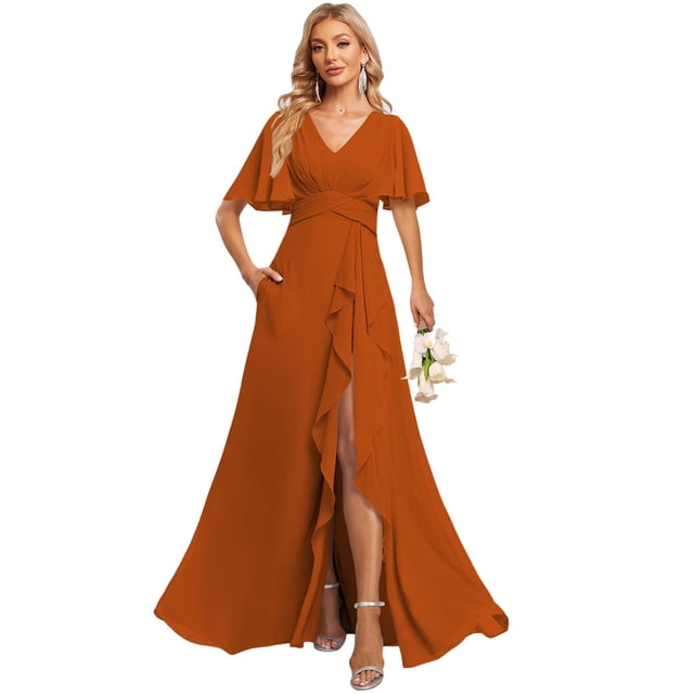 deamify Women's V Neck Plus Size Long A Line Bridesmaid Dresses 2025 with Slit Burnt Orange Flutter Sleeve Pleats Chiffon Formal Evening Maxi Dresses with Pockets 20W