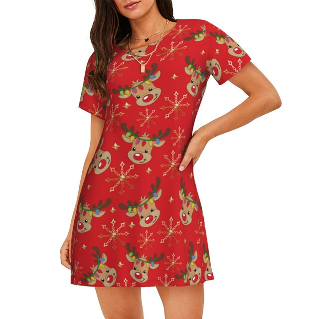 Balery Christmas With Cute Deer Camisón de manga corta con cuello redondo para mujer, cómodo y elegante.