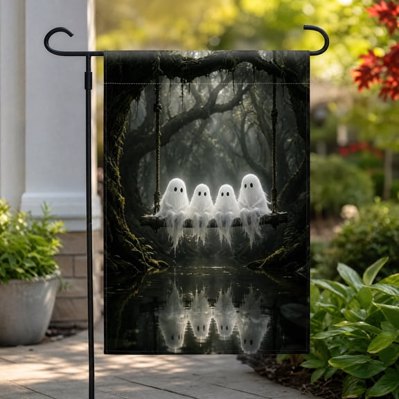 Halloween Ghost Garden Flag Double Sided Spooky Ghost On Wooden Swing Yard Flag For Outdoor Patio Lawn Fall Holiday Home Decor