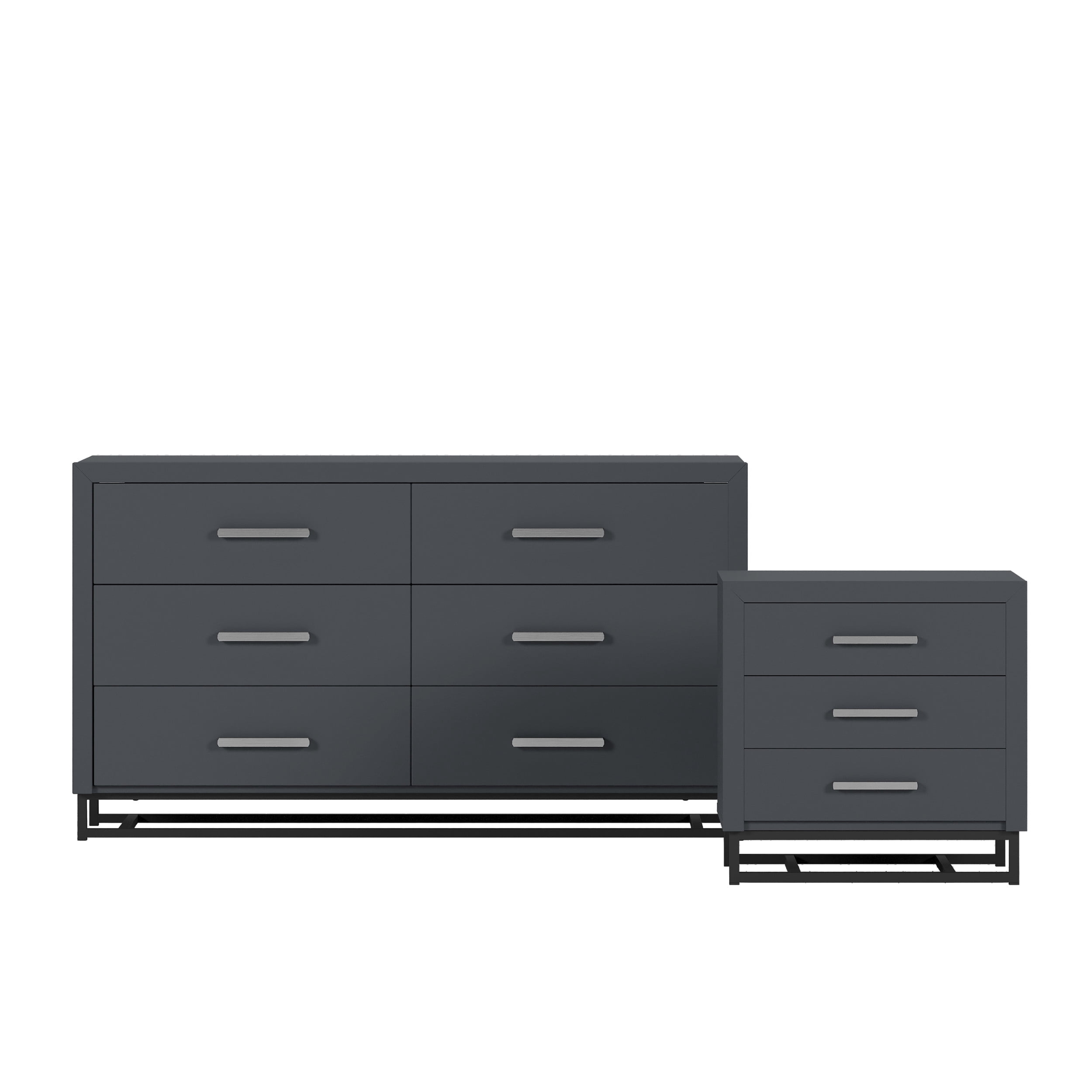 Noble House Cayuga Faux Wood 2 Piece Double Dresser and Nightstand Bedroom Set, Charcoal Gray and Black