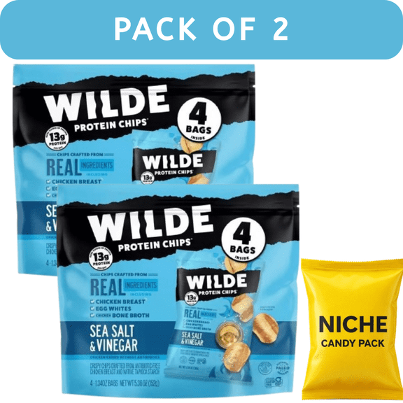 Wilde Brand Protein Chips – Sea Salt & Vinegar, High Protein Chicken Chips – 4 ct Bags (2 Pack)