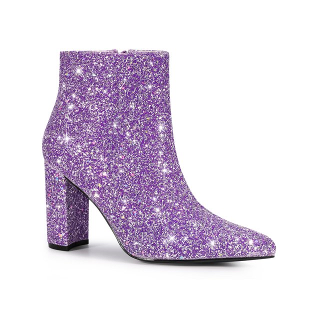 BLISSFUL STEP Bottines à Talon Bloc à Paillettes pour Femmes, Bout Pointu, Brillantes, Violet 8