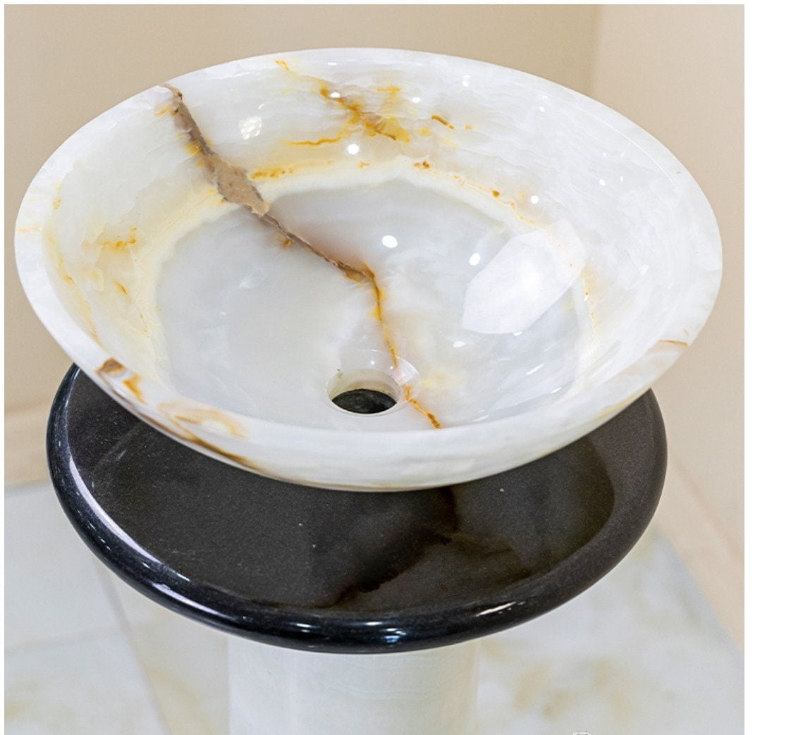 Handcarved Designed Bathroom Sink with Black Granite & White Onyx Marble Wash Basin Handcrafted Sink for Home/Kitchen Decoration Gift
