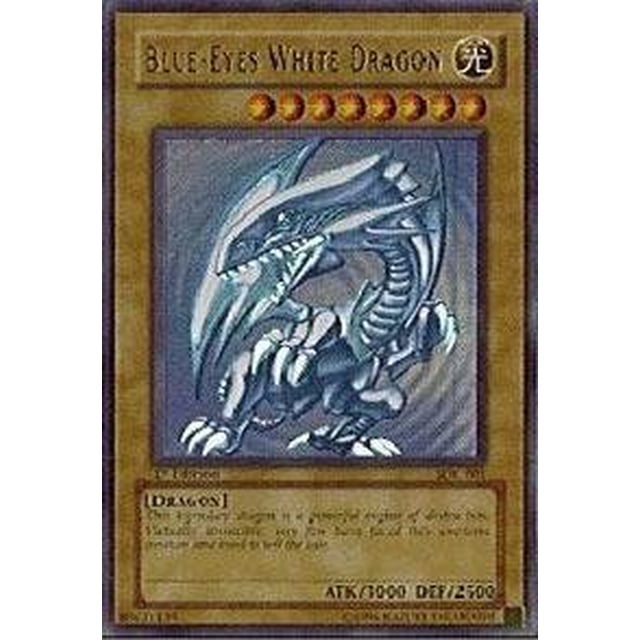 yu-gi-oh! - dragón blanco de ojos azules (sdk-001) - cubierta de inicio kaiba - edición ilimitada - ultra raro Vista frontal centrada de una carta Yu-Gi-Oh! Starter Deck Kaiba que muestra la ilustración completa del Dragón blanco de ojos azules en tonos plateados-azulados, siete estrellas de nivel arriba, borde dorado, caja de texto legible y valores ATK 3000 / DEF 2500; versión Unlimited Edition de rareza Ultra Rara, adecuada para coleccionistas y mazos de duelo.