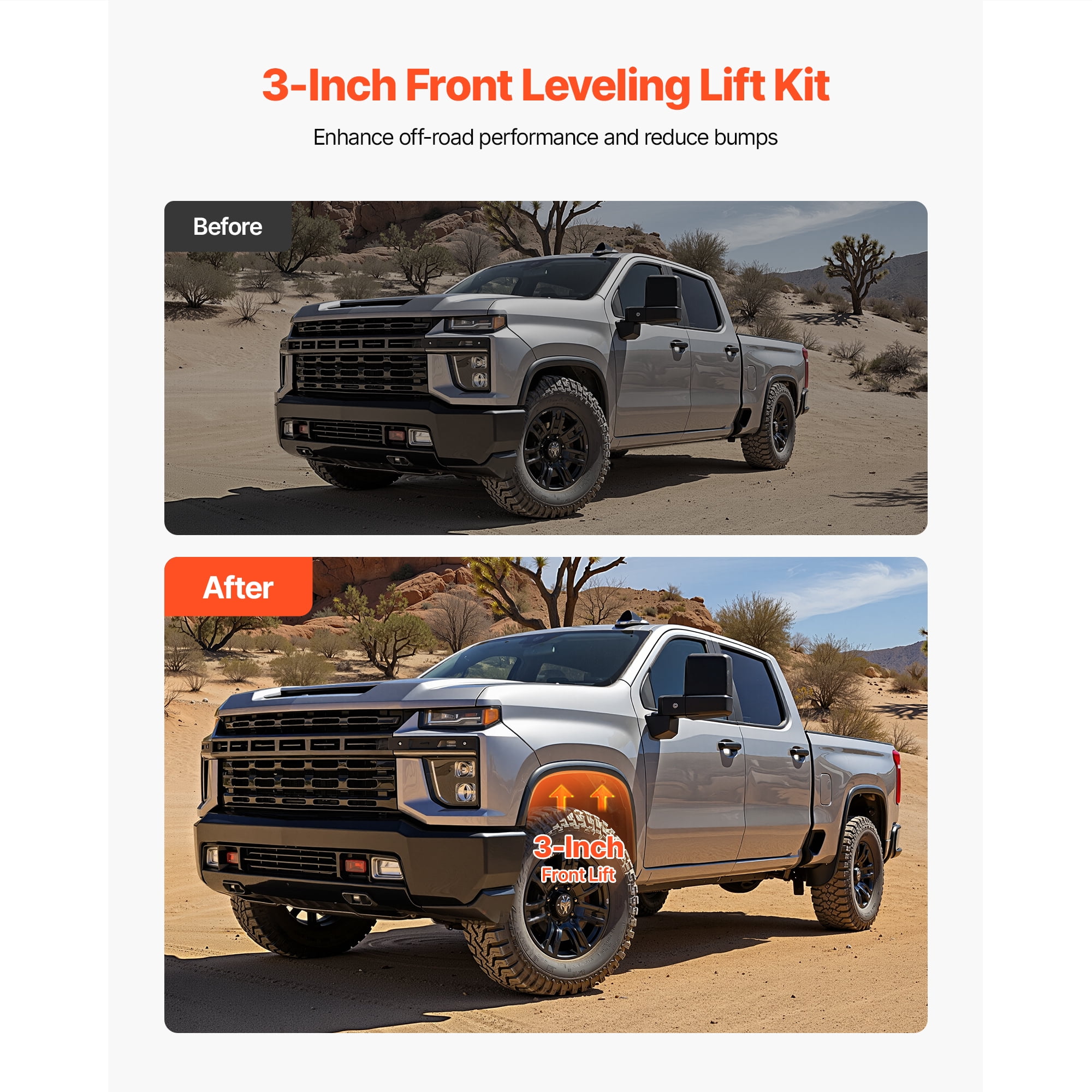 KFFKFF 3-Inch Front Leveling Lift Kit for 2001-2010 Chevy Silverado/GMC Sierra 2500HD/3500HD 8-Lug, 01-07 Silverado/Sierra 1500HD, Torsion Bar Keys Suspension Kit with Shock Extension Brackets
