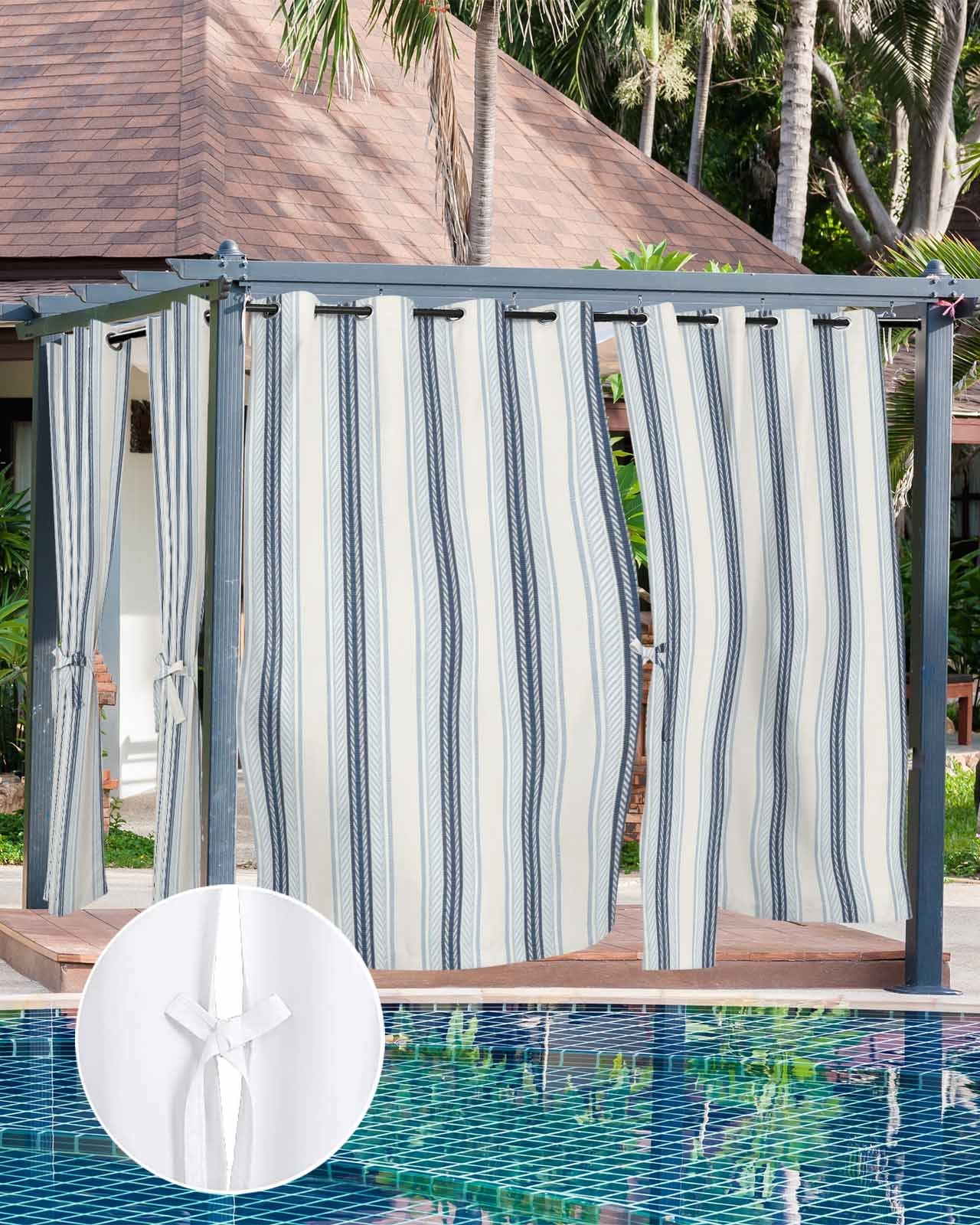 Blue Beige Outdoor Curtains for Patio, Modern Abstract Gradient Vertical Stripes Privacy Drapes Grommet Waterproof Outside Curtains for Porch/Cabana/Balcony 54"x 84", 2 Panel