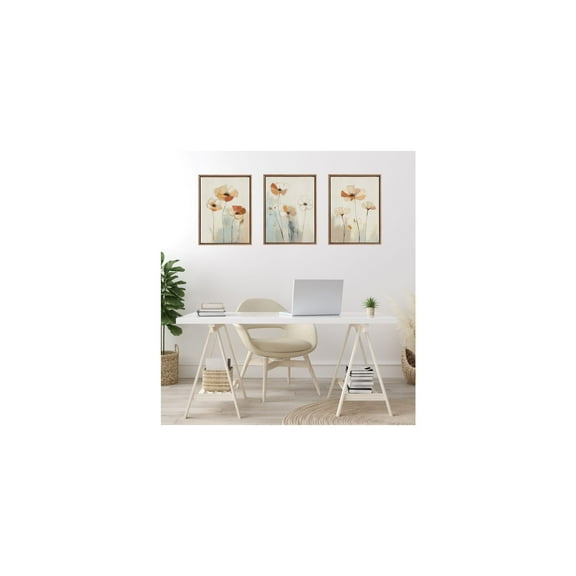 Kate and Laurel Sylvie Neutral Blue Elegant Country Wildflowers Framed Canvas Wall Art Set by The Creative Bunch Studio, 3 Piece Set Beaded Gold, Soft Floral Art for Wall