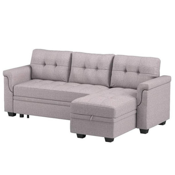 Bowery Hill Light Gray Linen Reversible, Storage Sectional Sleeper Sofa