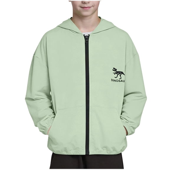 Boys Sun Hoodie UPF 50 Lightweight Quick Dry Dinosaur Print Rash Guard Jacket for Kids Mint Green 4-15 Years,Size 14-15 T