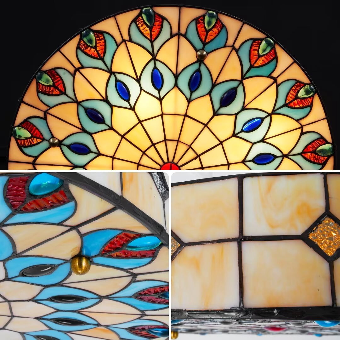 FINE MAKER  Peacock Stained Glass Ceiling Light Fixture Flush Mount Lamp Tiffany Chandelier