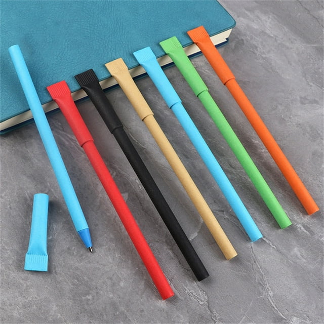 10Pcs 0.7mm Ballpoint Pen Natural Kraft Paper Smooth Writing Pull Cover Assorted Colors Eco-friendly Advertising Pen School Supplies