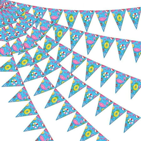 3 Pieces Swimming Pool Party Triangle Banners Pre-Strung Summer Beach Triangle Bunting Banner Triangle Garland Flags for Luau Pool Hawaiian Beach Flamingo Tropical Theme Baby Shower Birthday Party