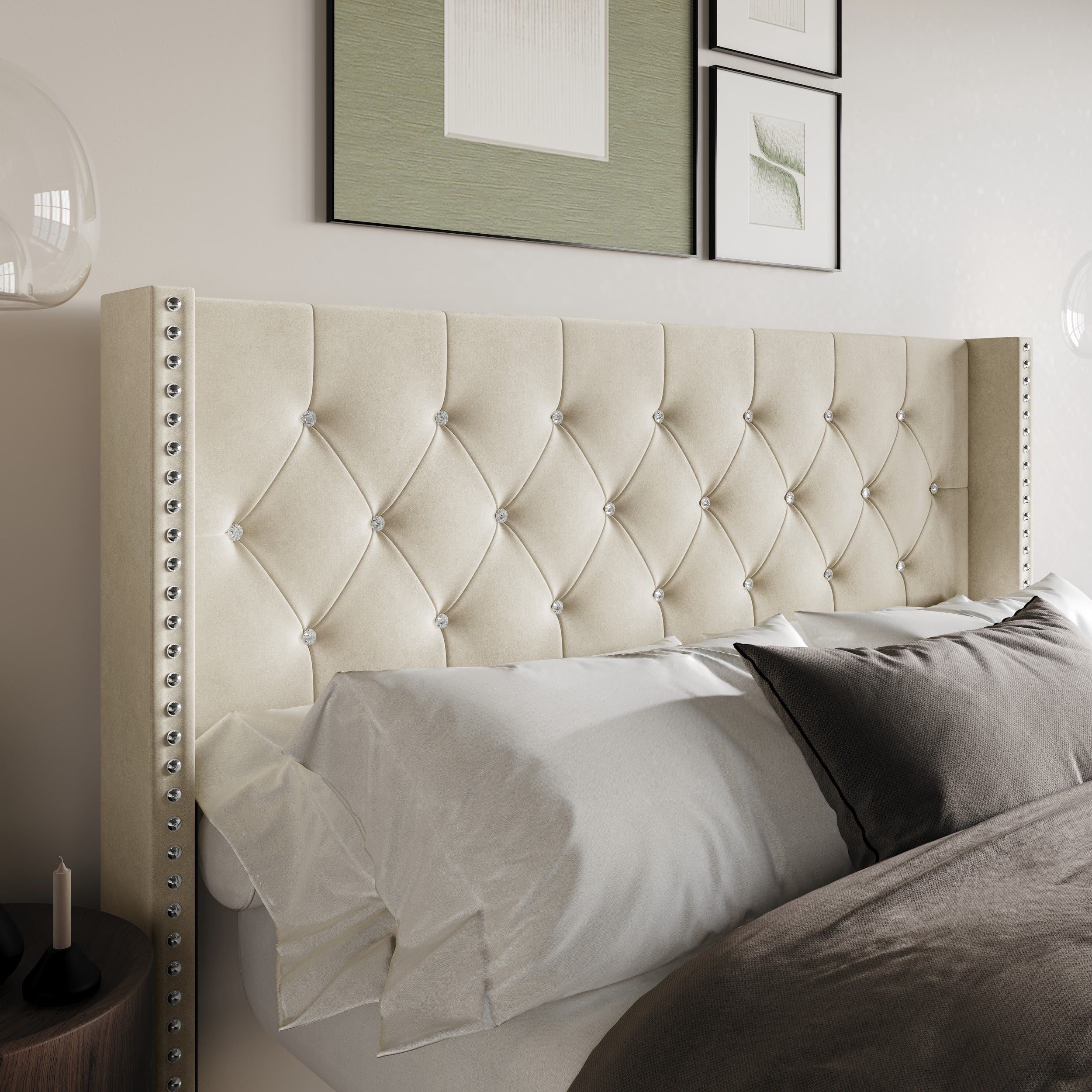 Home Design Gretna Twin Wingback Tufted Upholstered Headboard with Nailhead Trim, Beige