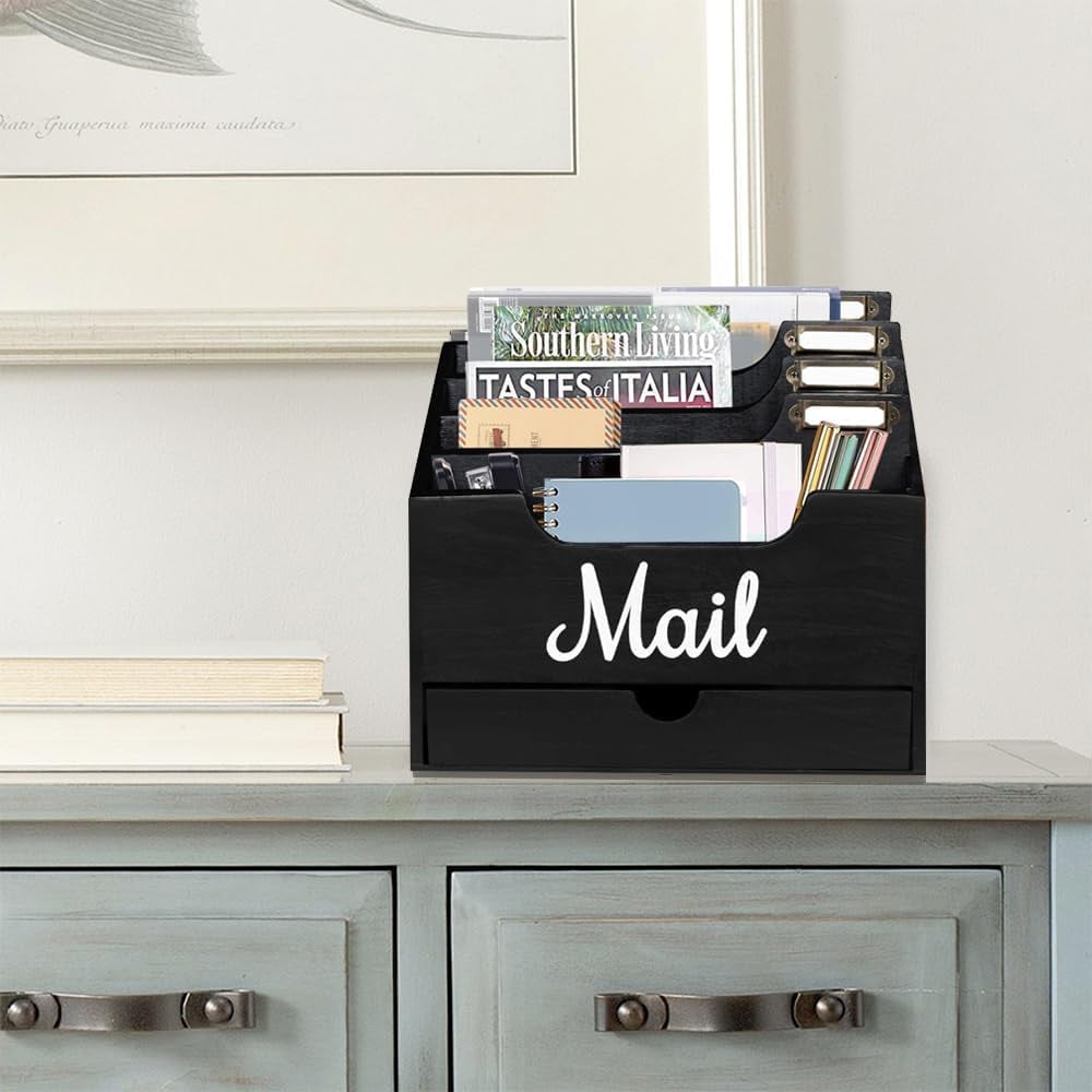 Wood Desktop Mail Organizer, Mail Organizer Countertop with 4 Compartments and Drawer for File Letter Paper Folder