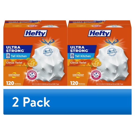 (2 pack) Hefty Ultra Strong 13 Gallon Trash Bags, Tall Kitchen Trash Bags, White, Citrus Twist, 120 Bags