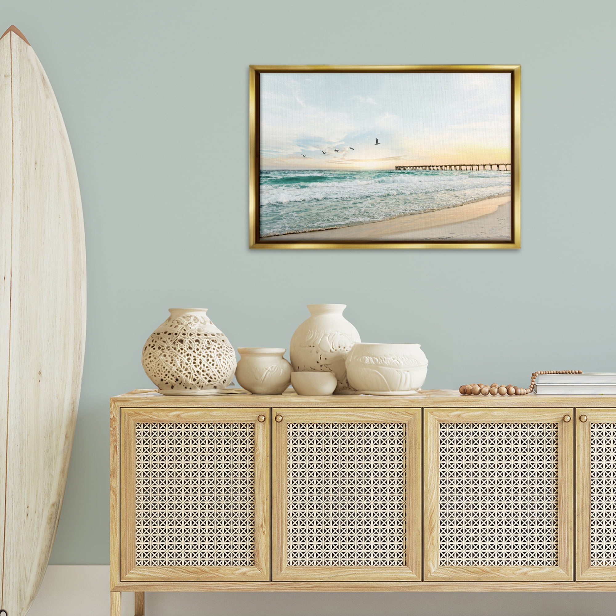 Stupell Industries Birds at Beach Pier Landscape & Nature Photography Gold Floater Framed Canvas Art Print Wall Art, 31 x 21