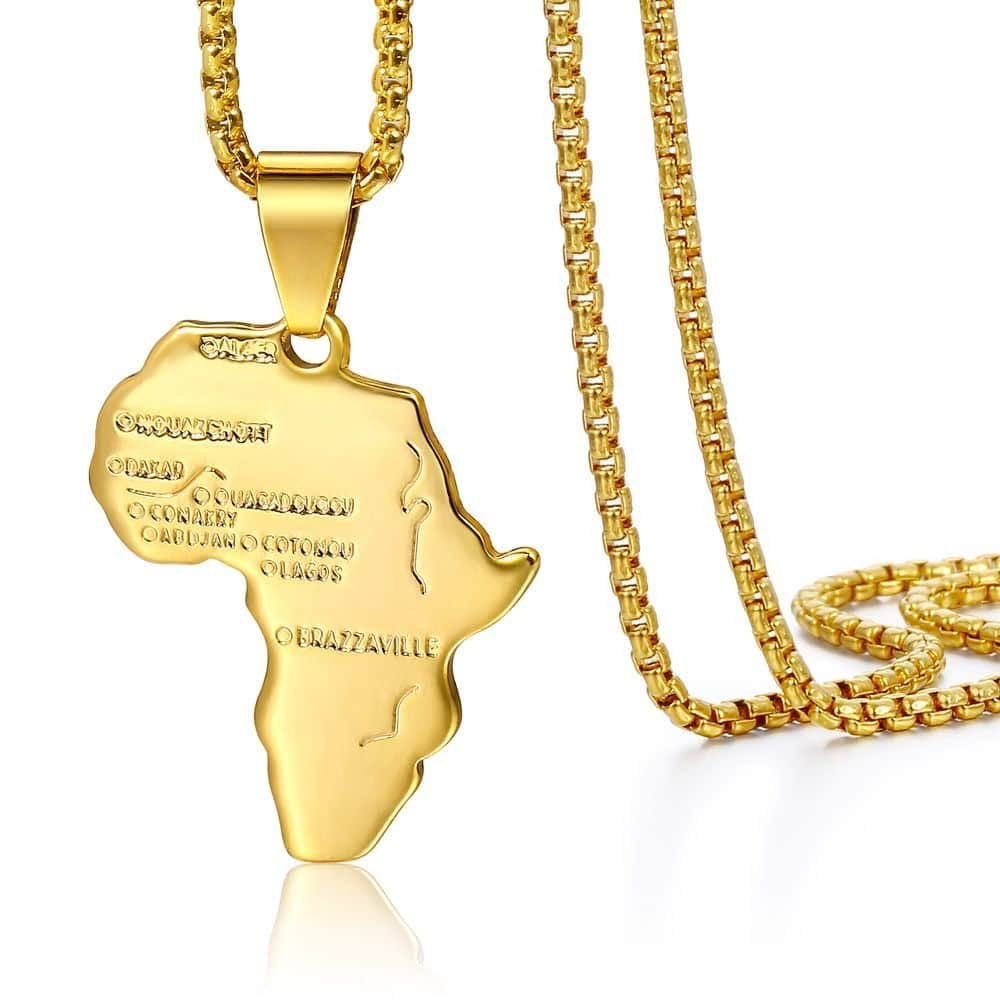 Fist Power in Pan African Colored Africa Map Pendant 18,20,22,24 Various Chain Necklace in Gold Tone 