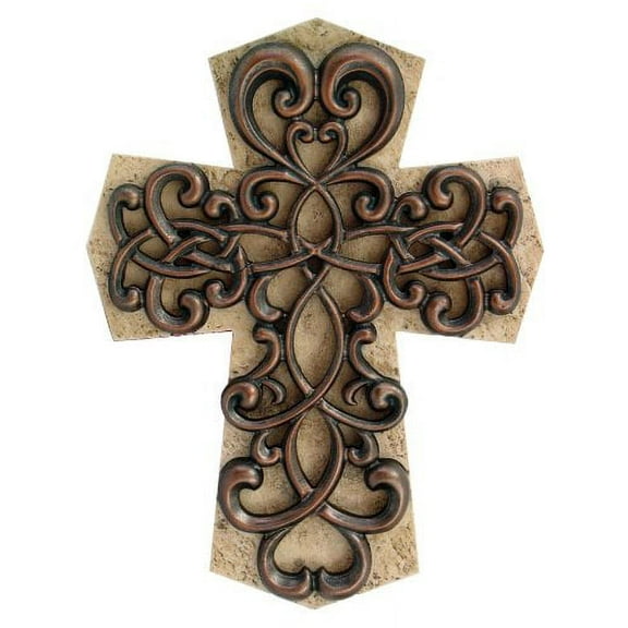 12.25 Inch Multi Layered Swirl Metal Cross Wall Statue Figurine