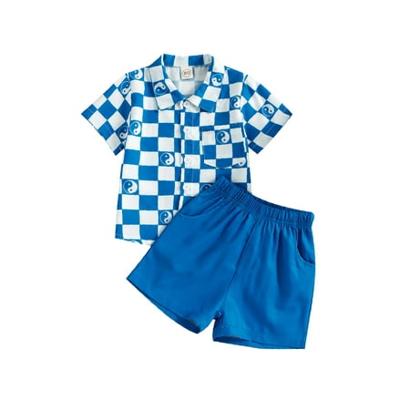 

Suanret Toddlers Kids Boys Girls Casual Streetwear Suit Short Sleeve Plaid Bagua Printed Shirt+Patchwork Short Pants Blue 1-2 Years