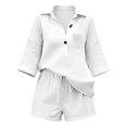 thumbnail image 5 of Women's Summer Linen 2 Piece Set V Neck 3/4 Sleeve Shorts Beach Casual, 5 of 8