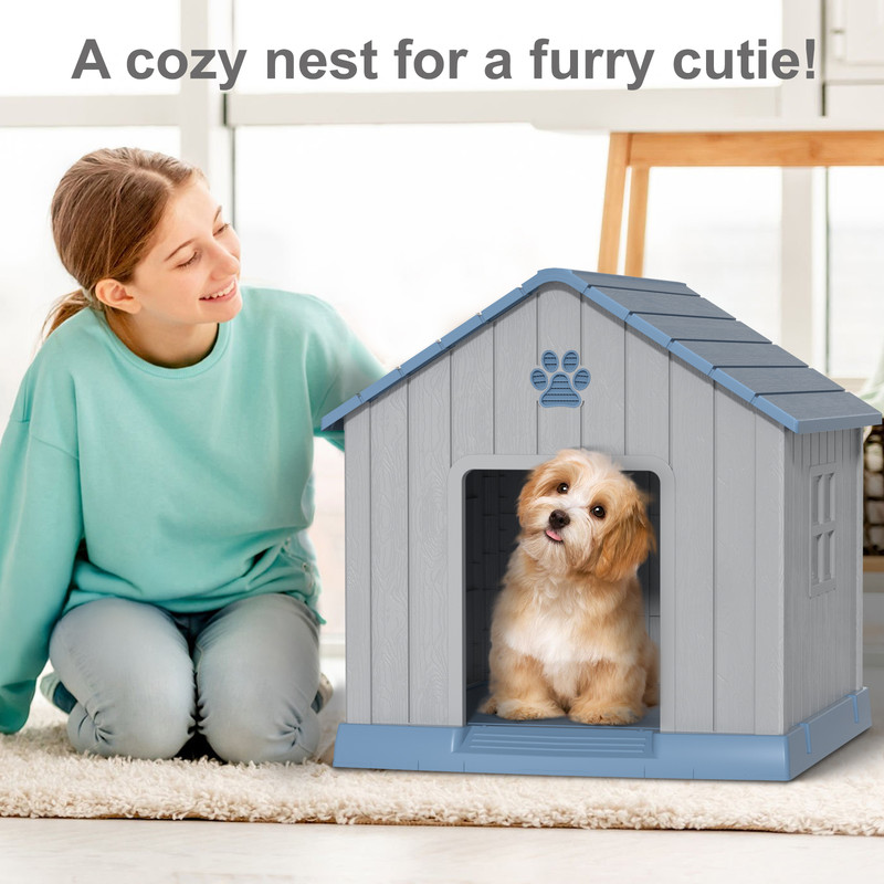 ENNSOO 31-Inch Plastic Outdoor Indoor Dog House with Waterproof, Elevated Floor & Air Vents, Blue