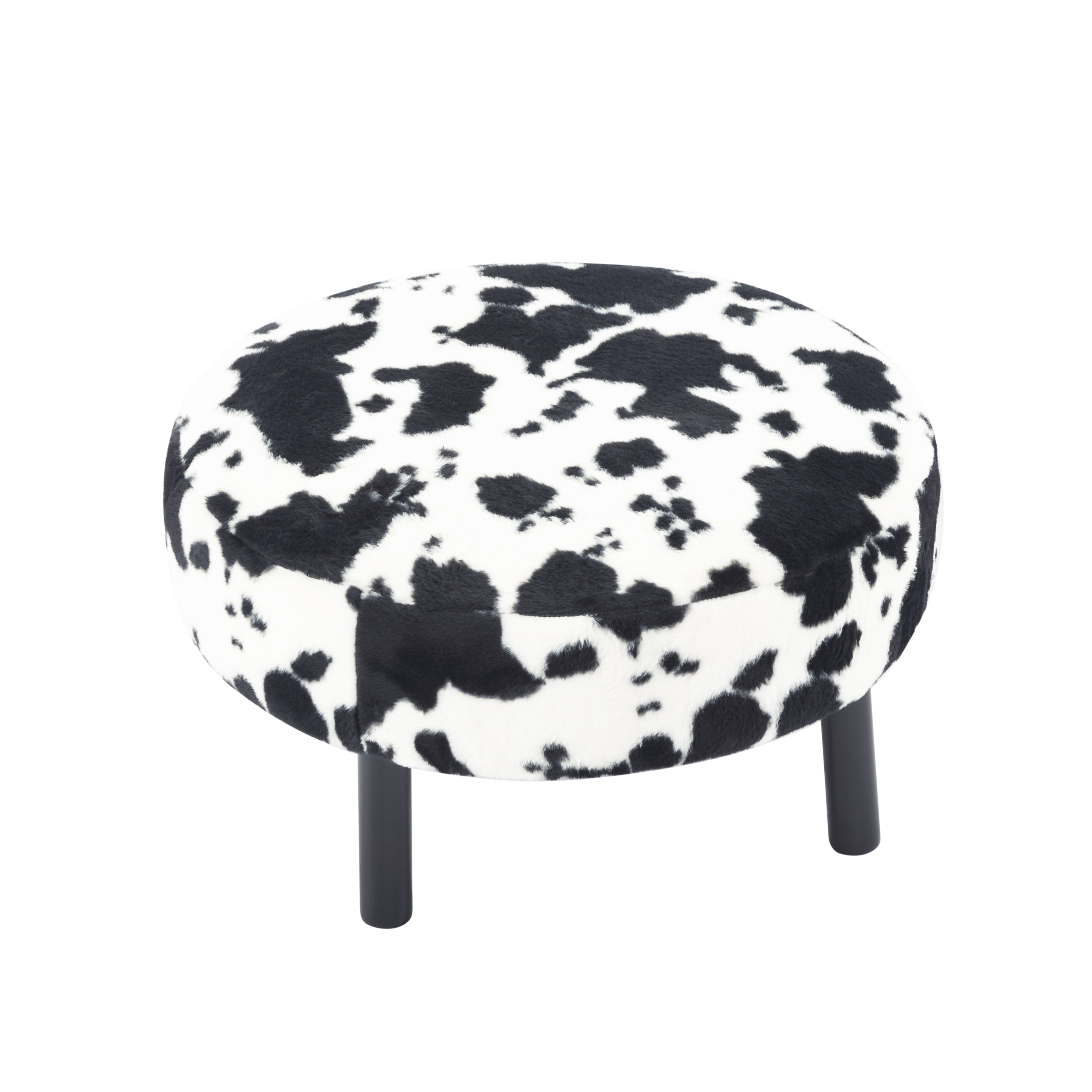 BSHTI 27.56 Inch Plush Round Ottoman with Faux Rabbit Fur, Sturdy Solid Wood Legs for Living Room, Accent Seat & Footrest(Cow Print)
