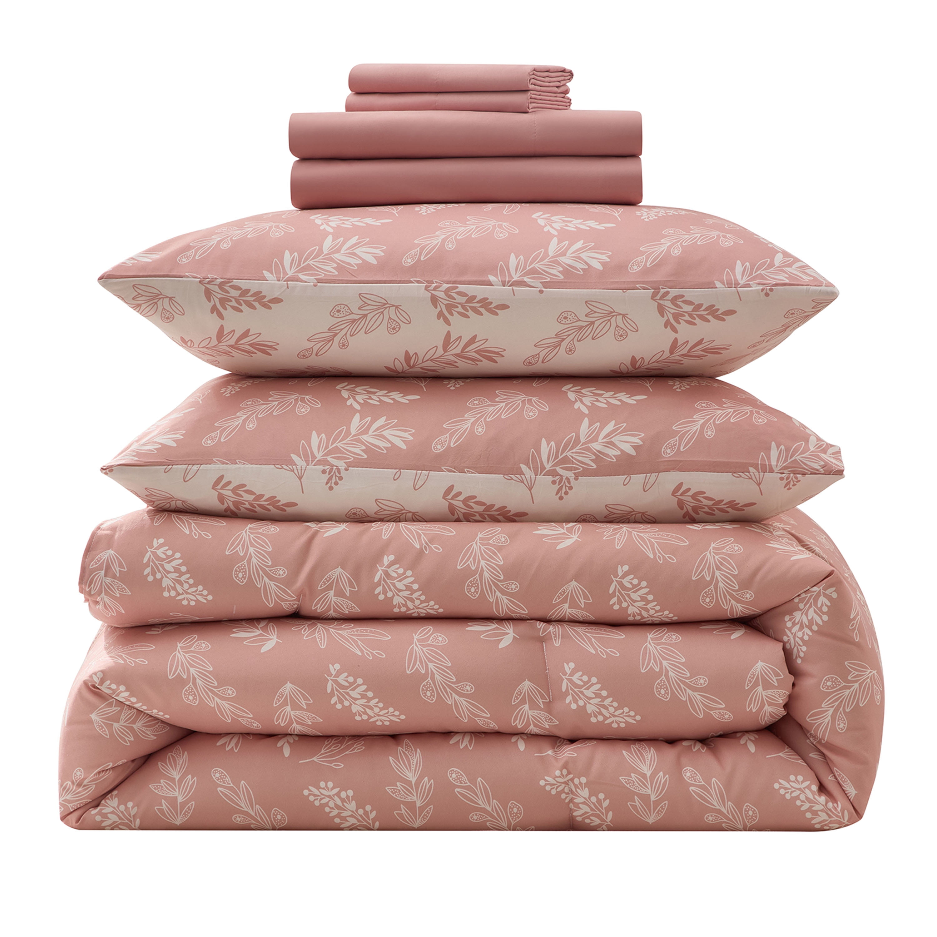 LammaLoe Twin Comforter Sets, 5 Piece Botanical Bed in a Bag, Reversible Bedding Comforter Set with Sheets, Modern Bed Set, Bali Blush/Porcelain Glow