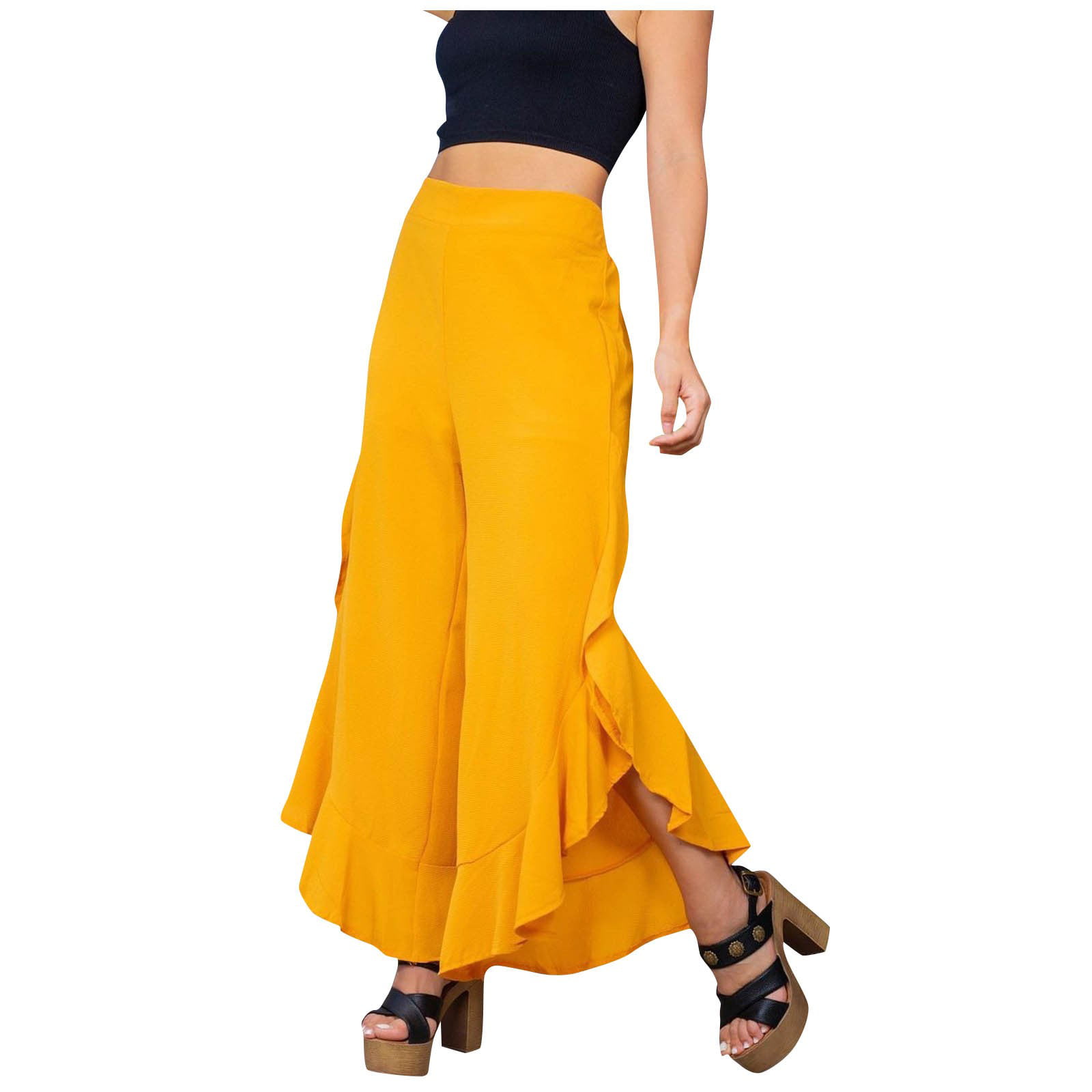 ZXHACSJ Women's Fashion Solid Color Ruffle Irregular Open Trousers Elastic  Band Wide Leg Pants Yellow L