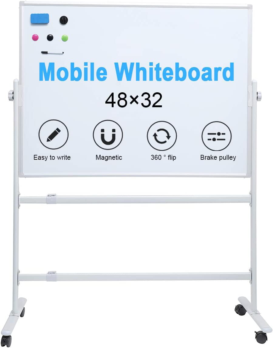 Gray 48 x 32 inches Large Rolling White Board Double Sided Mobile Whiteboard maxtek Reversible Magnetic Dry Erase Board Easel Standing Whiteboard on Wheels for Home Office Classroom 