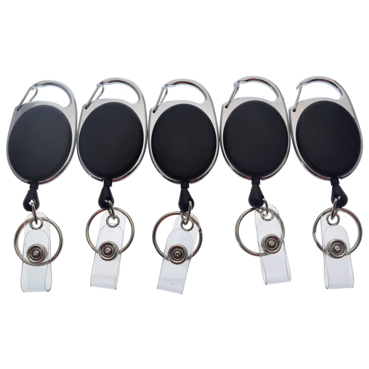 5 Pack - Premium Retractable Oval Shaped Badge Reels with Carabiner Belt  Loop Clip, Keychain and ID Holder Strap by Specialist ID (Solid Black)