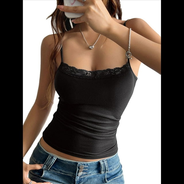 Women's Summer Lace Trim Tops Spaghetti Strap Low Cut Ribbed Crop Tank Tops Y2K Going Out Black L