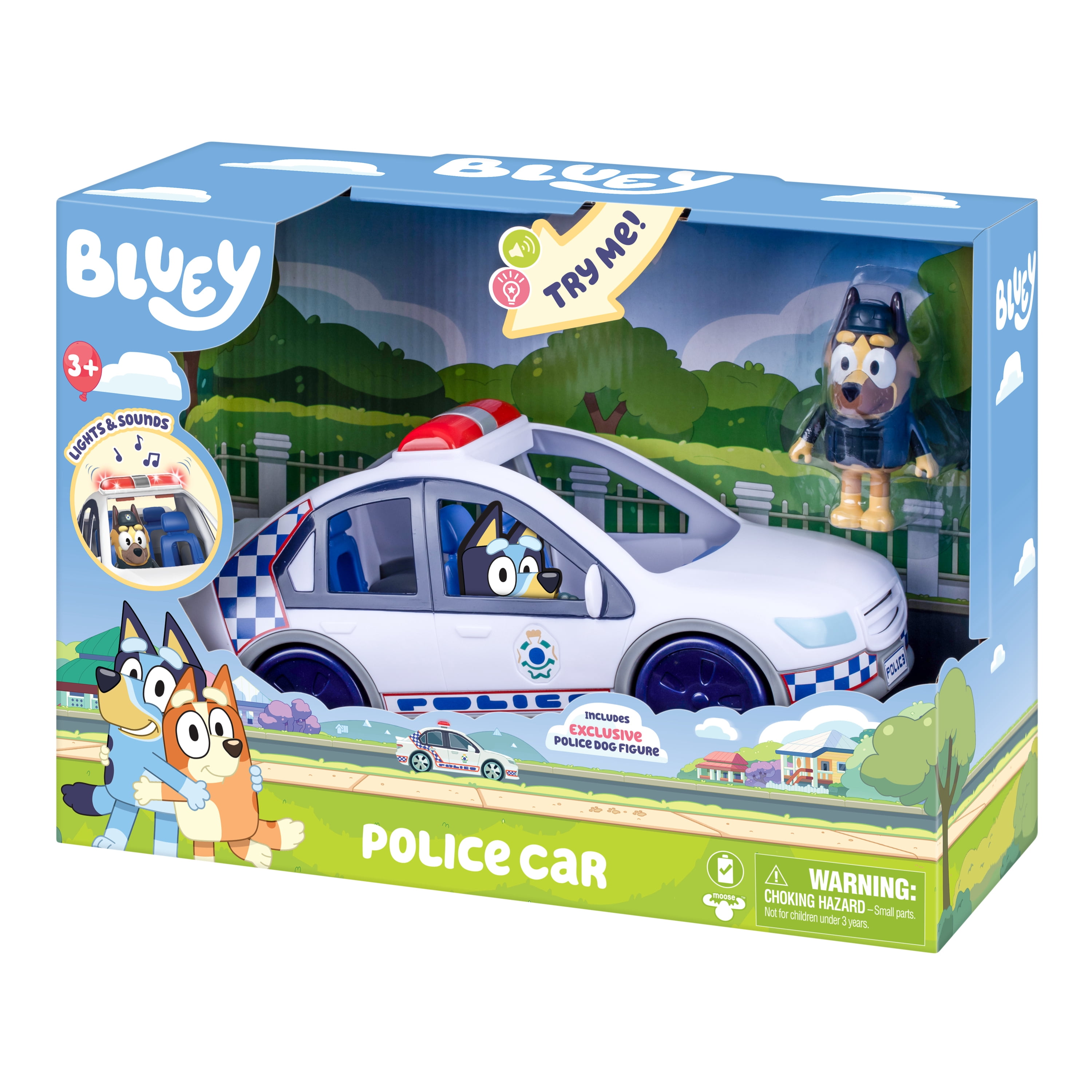 Bluey Police Car with Flashing Lights & Sounds, Policeman Figure, and Themed Sticker Set, from the Special Episode "The Sign". Batteries Incl. Ages 3+