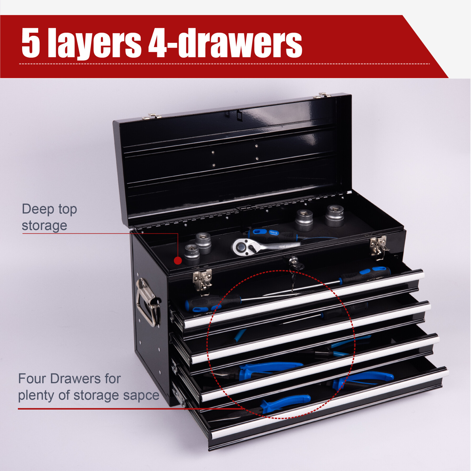 21-inch Heavy Duty Metal Tool Box, Portable Tool Chest with 4 Drawers, EVA Liners, Ball Bearing Slide Drawers, Lockable, Powder Coated, Multi-Function Tool Organizer, Black