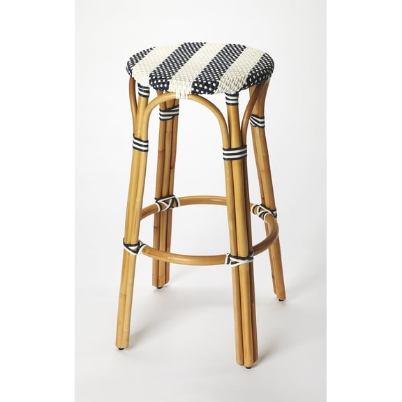 Navy Blue and White Rattan Bar Stool
