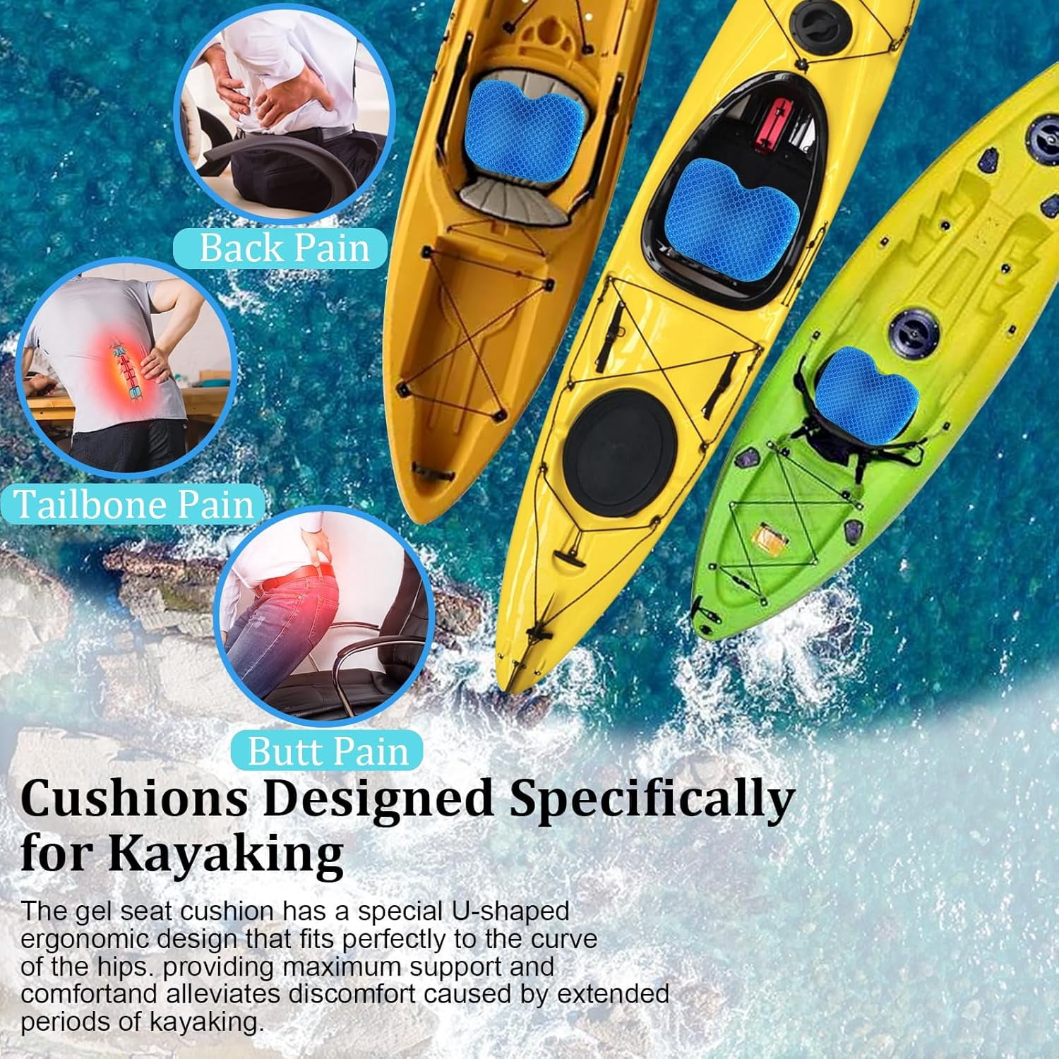 Anti-Slip Kayak Seat Cushion - Waterproof Thicken Gel Boat Kayak Canoe Rowing Stadium Pad for Sit in Kayak Chair Kayak Accessories Equipment Gear for Fishing Kayak
