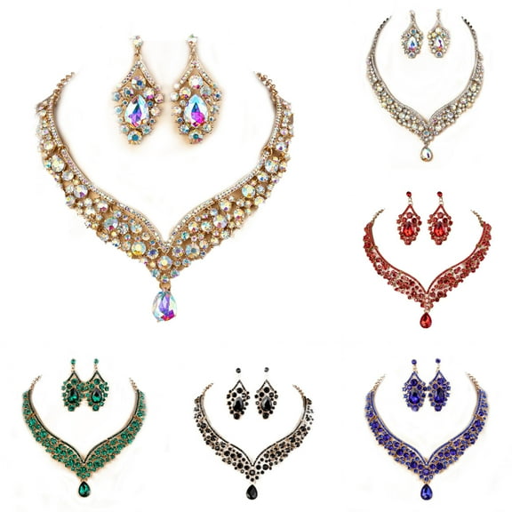 Shenmeida 1 Set Drop-shaped Wedding Bridal Earrings Necklace Jewelry Set for Brides Women Geometric Rhinestone Necklace Earring Sets for Wedding