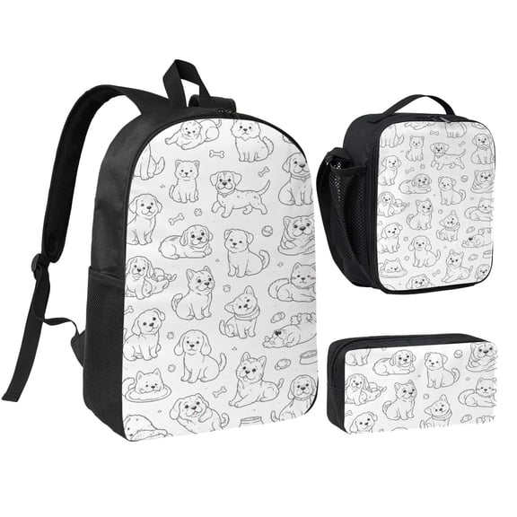 Dog Sketch Line Art Backpack Set 3pc ，Backpack with Lunch Bag and Bag 17 Inch