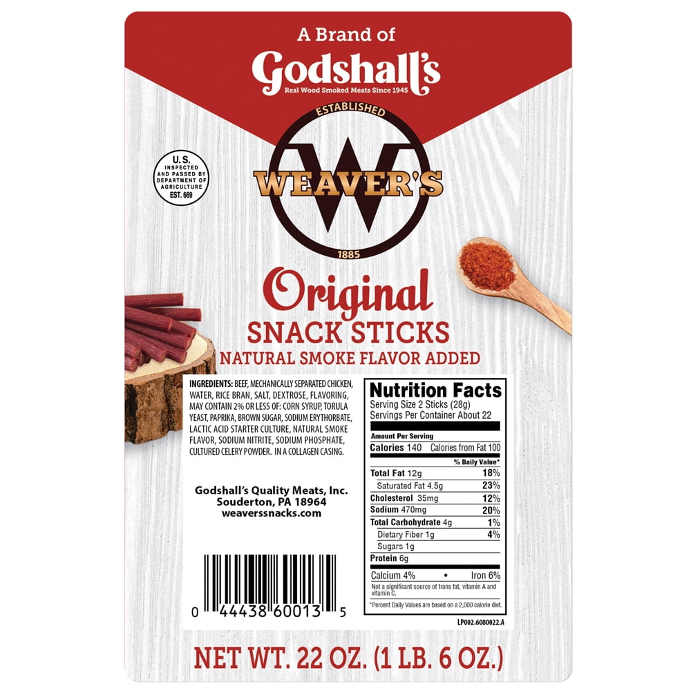 Weaver’s Original Snack Sticks (44 mild flavored 7" beef and chicken snack sticks per 22oz bag)