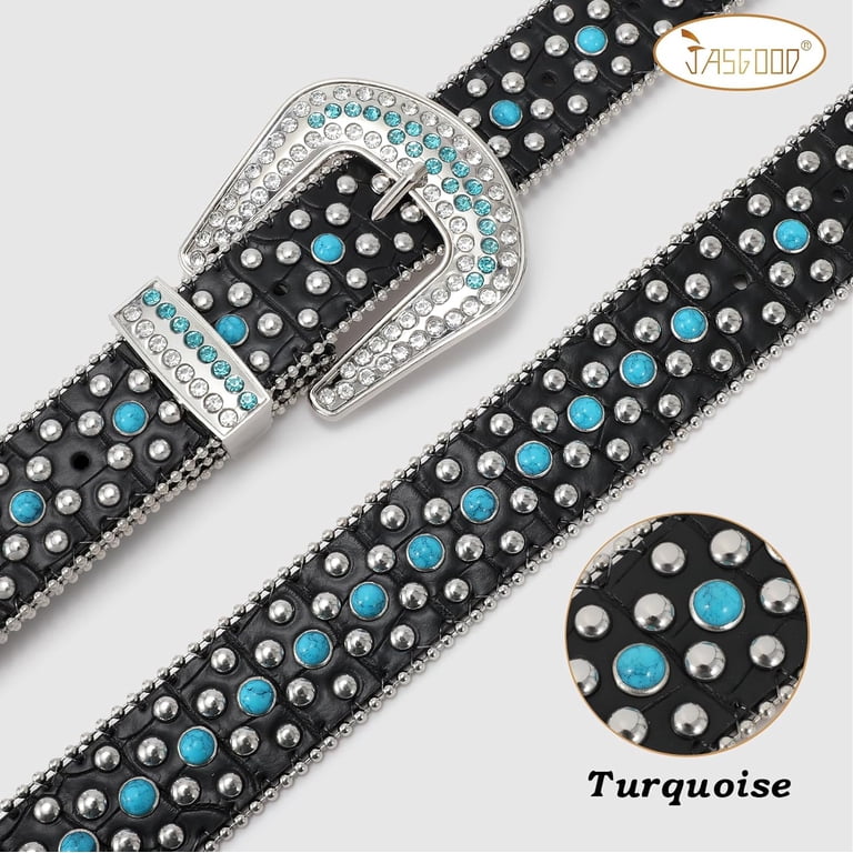 Western Belt Teal Leather, Silver Buckle White/Black Stitching & Gemstones Sz XS Turquoise Stone Leather Belt Strap: Western Style Full Grain  main image 4