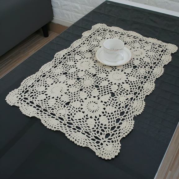 AUQ Handmade Crochet,Tablecloth Cotton Lace Rectangular Table Placemat Sofa Doilies 15.75x23.62" Beige