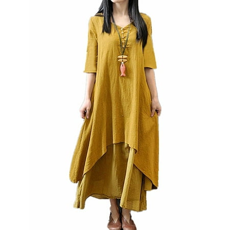 - Women's Vintage V-Neck Half Sleeve Irregular Hem Cotton Linen Long Dresses