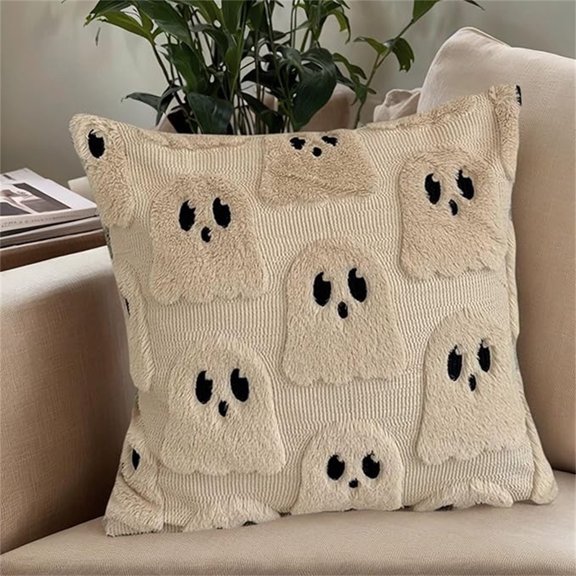 18x18 Inch Halloween Throw Pillow Cover, Beige Plush Ghost Throw Pillow Cover, Textured Corduroy Cute Ghost Cushion Case, Neutral Farmhouse Halloween Sofa Home Decor