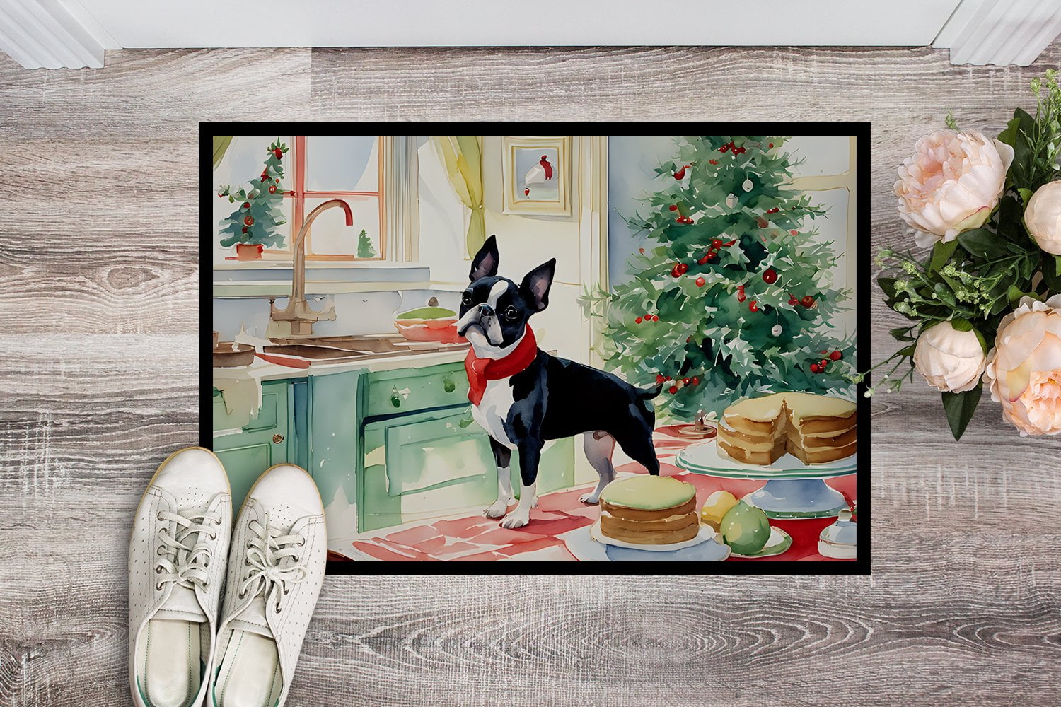 Carolines Treasures DAC3745MAT 18 x 27 in. Unisex Boston Terrier Christmas Cookies Doormat