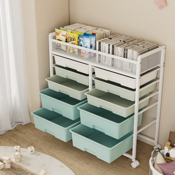 10-Drawer Rolling Storage Cart with Metal Mesh Top and Lockable Wheels, Multi-Layer Utility Organizer for Kitchen and Bathroom, White