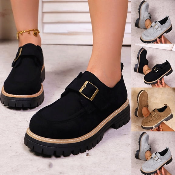 Hinvhai Platforms Loafers for Women Trendy Buckle Straps Solid Color Lug Sole Slip On Dressy Shoes Chunky Block Heels Round Toe Comfort Lightweight Shoes Gray 9.5(43)