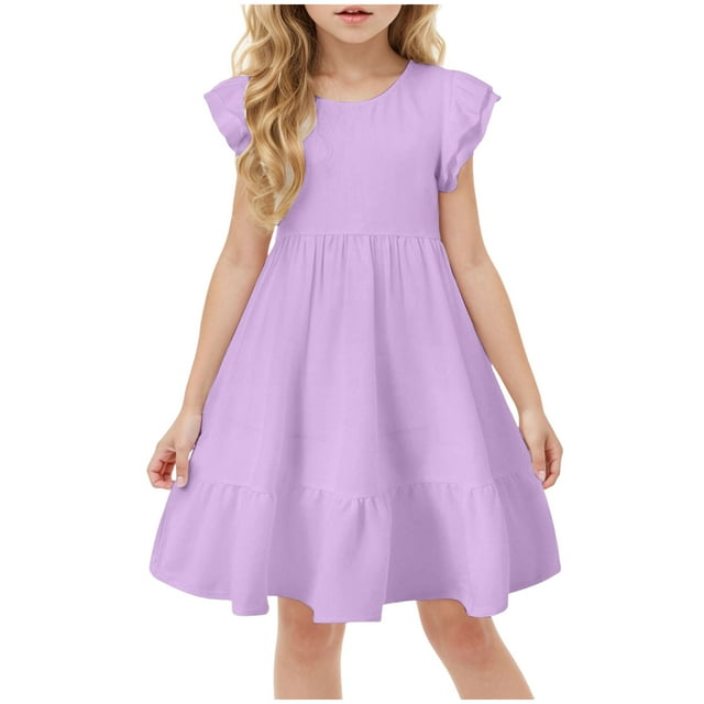 Ketyyh-chn99 Robes de Concours pour Filles Robes pour Enfants pour Filles Robes pour Filles Robe d'Été pour Enfants à Manches à Volants à Double Couche Taille pour 9-10 Ans, Violet