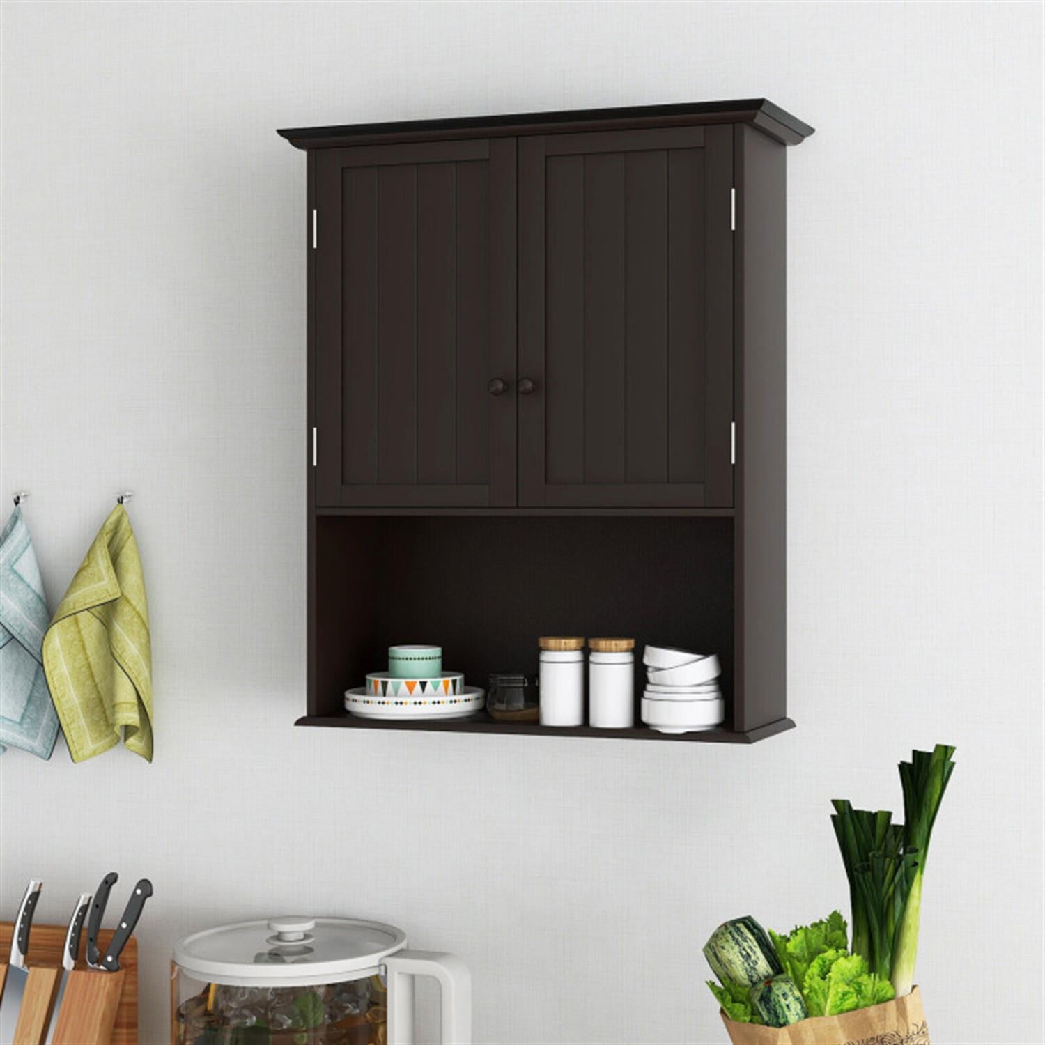 Demi Bonn Wall Mounted Bathroom Cabinet, Medicine Cabinet, 2-Door Wall Mount Bathroom Storage Cabinet with Open Shelf for Kitchen, Entryway, Bathroom, Brown