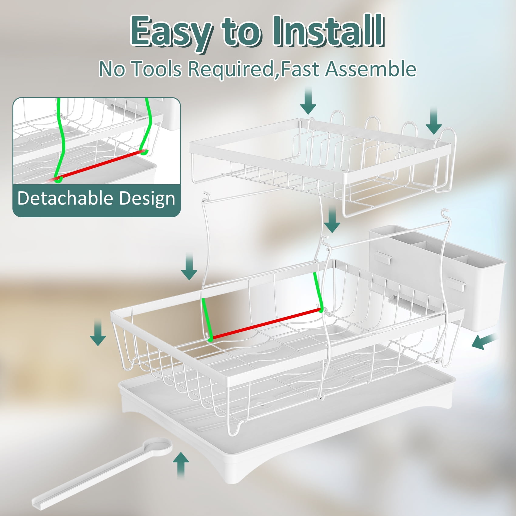 Glovv Large Capacity Dish Racks for Kitchen Counter, 2 Tier Collapsible Over the Sink Dish Rack,Versatile Dish Drying Rack with Auto Drainage System and Breathable Mesh Basket, White