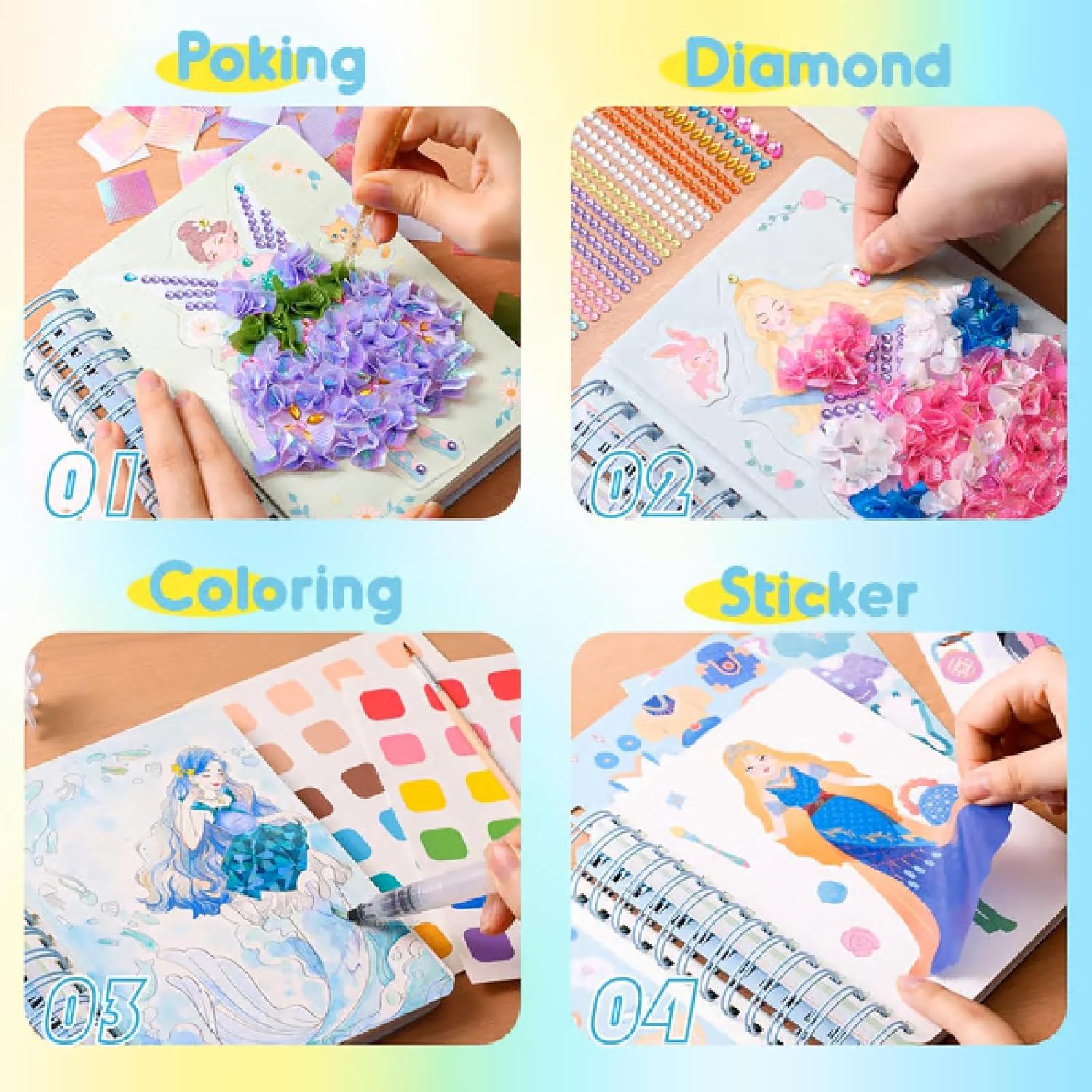 8-in-1 Magic Princess Craft Set, Magic Princess Crafts, DIY Activity with Princesses Stickers, Foil Crafts Art Fun & Gem Painting for Boys & Girls Ages 4-8