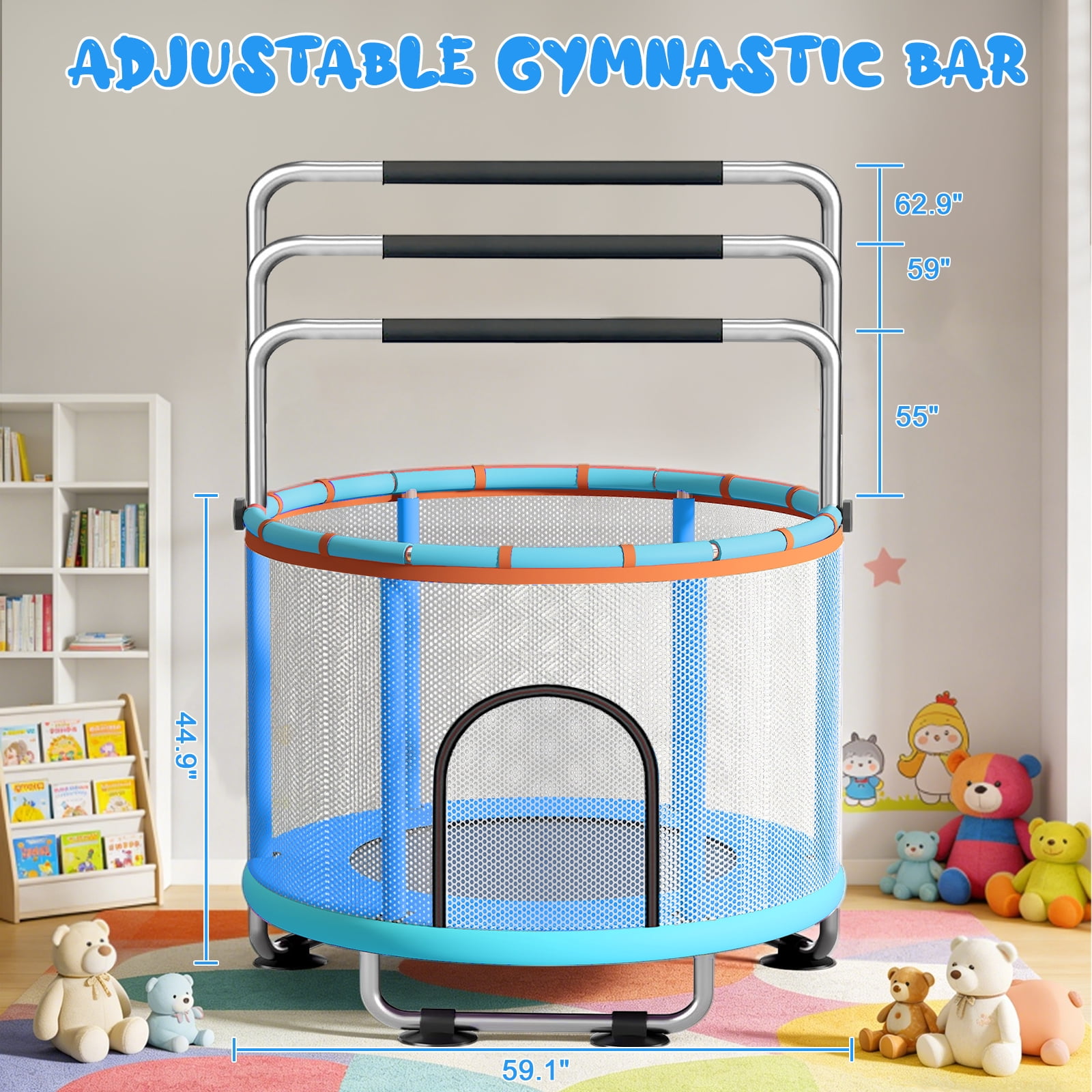 55" Kids Trampoline with Adjustable Gymnastics Bar , 600 LBS Capacity, Safety Enclosure Net & Fun Toys – For Indoor and Outdoor Play